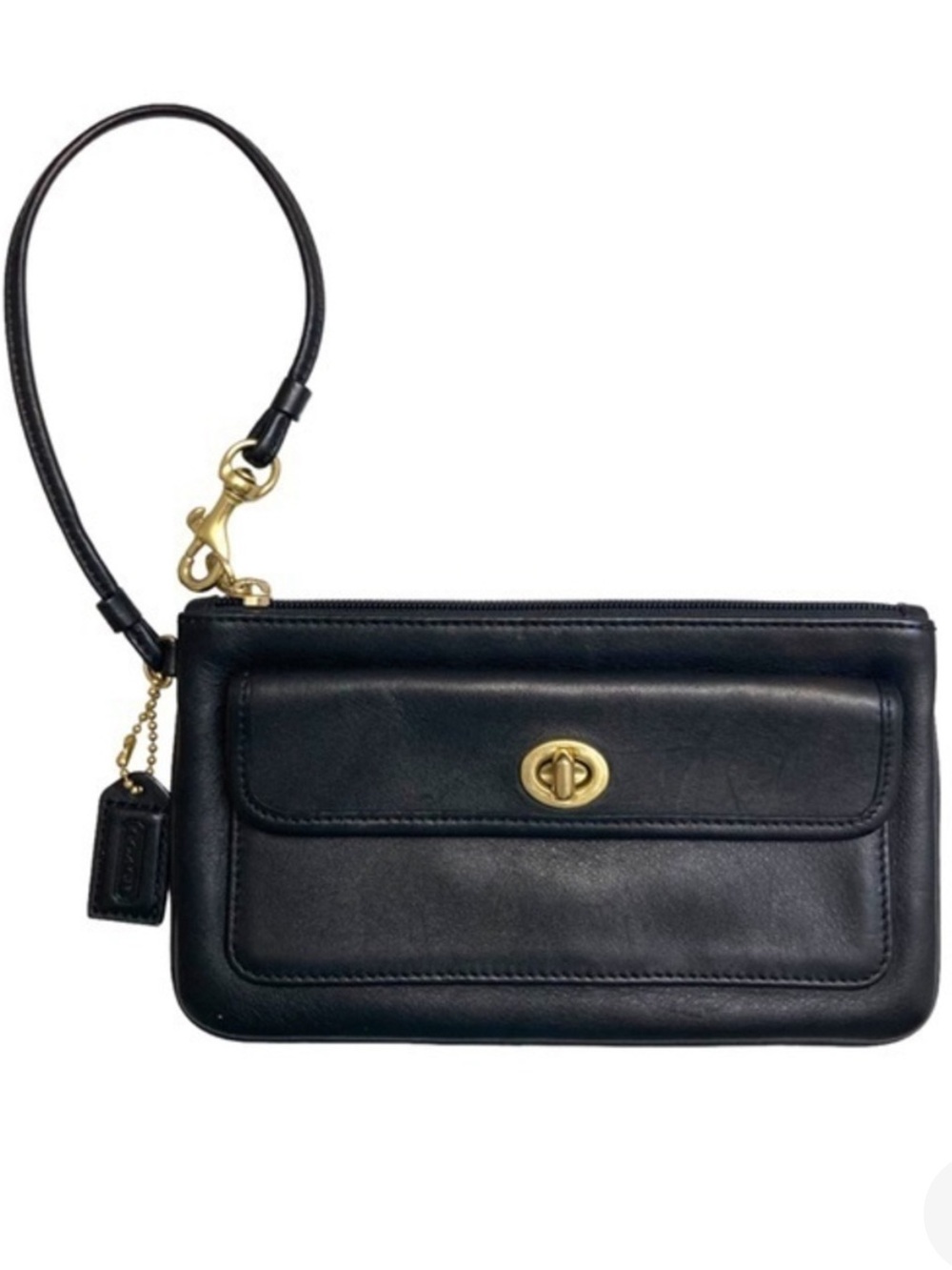 Vintage Coach Black Leather Wristlet Clutch with Gold Hardware